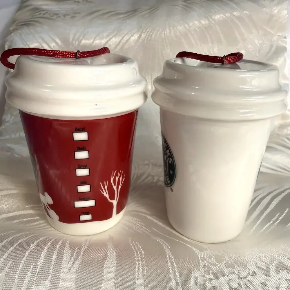 Starbucks 2006 Holiday Christmas Ornaments Set of 2 Travel To Go Cups Ceramic